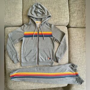 Aviator Nation Grey 5 Rainbow Stripe Zip Hoodie & Sweats Set Unisex Size Small